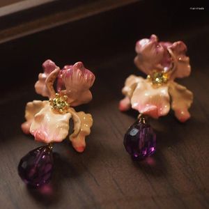 Studörhängen Vintage Purple Crystal Flower Chunky uttalande för kvinnliga smycken Runway Party T Show Fancy Trendy Boho Ins Japan Korea
