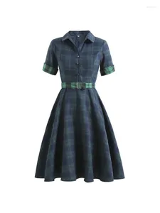 Partykleider 2024 Y2K Vintage Blau und Grün Plaid Frauen Button Up Hemd Kleid mit Gürtel Frühling Baumwolle Elegante Damen Midi Swing