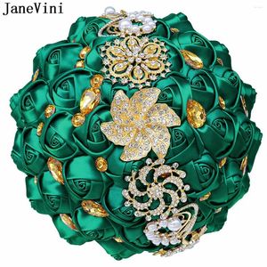 Wedding Flowers JaneVini Emerald Green Bridal Bouquet With Gold Crystals Bride Jewelry Luxurious Handmade Rhinestone Rose Flower