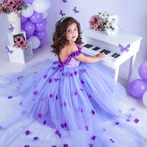 Urodziny Lanvender Kids Flower Girl Dresses Ręcznie Made Flowers Warstwowy tiul piłka małe dziewczynki na ślub z koralikami suknie ślubne