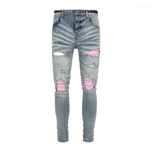 Jeans masculinos rua moda homens retro lavado azul elástico estiramento skinny fit rasgado rosa remendado designer hip hop marca calças
