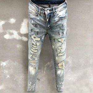 Jeans masculinos rasgados buraco design elástico jean homens respingos de tinta retalhos hip hop estilo calças para pantalon vaqueros hombre