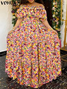 플러스 사이즈 5xL Vonda Bohemian Floral Printed Maxi Long Dress 여름 여성 캐주얼 한 느슨한 주름 해변 짧은 슬리브 파티 로브 240126