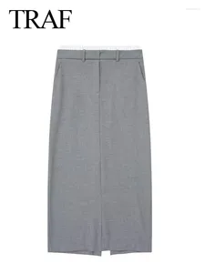 Skirts TRAF 2024 Female Fashion Elegant Patchwork High Waist Long Skirt Chic Slit At Hem Grey Split Office Basic
