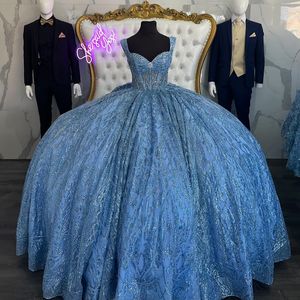 Lüks gökyüzü mavisi tatlım payetli quinceanera elbiseler tatlı 16 kız kapalı omuz balo elbisesi doğum günü partisi elbise balo vestido de 15