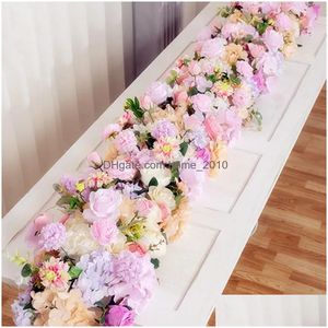 Decorative Flowers Wreaths 2M Upscale White Rose Hydrangea Artificial Flower Row Wedding Party Backdrop Table Centerpiece Decorati Dhxbw