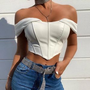 Kvinnors blusar 2024 PU LÄDER SEXY BLOUSE SHIRTS Women Summer Off Shouder Back Zipper Slim Crop Tops Club Punk and Female