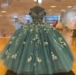 Dunkelgrüne Quinceanera-Kleider 2024, schulterfrei, Prinzessin, Festzug, Ballkleid, Blumen, Perlen, Sweet 16, bodenlang, Korsett-Rücken, Geburtstagsparty-Kleidung