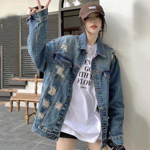 Sonbahar Uzun Kollu Yırtık Denim Ceket Kadınlar Harajuku Yatak Yatak Gevşek Kaplama Kadın Sokak Giydirme Unisex Jean Ceketler 240118