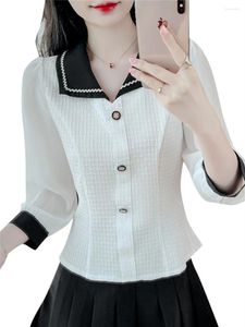 Kvinnor BLOUSES KVINNA SPRING Autumn Style Chiffon Shirts Lady Casual Three Quartz Sleeve Peter Pan Collar Blusas Tops DF4601