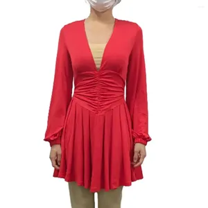 Casual Dresses V-Neck Polyester Dress Elegant V Neck Lantern Sleeve A-Line Mini For Women Solid Color Tight midje veckad stor gunga