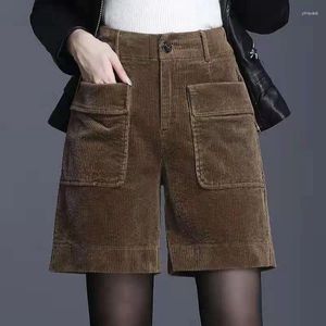 Frauen Shorts Vintage Cord Tasche Patchwork Frühling Herbst Einfarbig Lose Gerade Mode Lässig Frauen Kleidung
