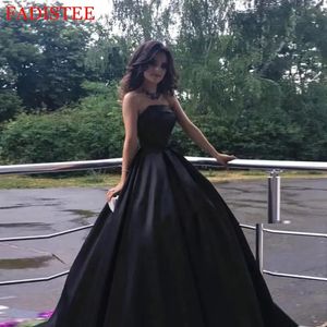 Stil Ballkleider, schlicht, Satin, trägerlos, A-Linie, schwarz, Abendparty-Kleider, Robe De Soiree, bodenlang, 240201