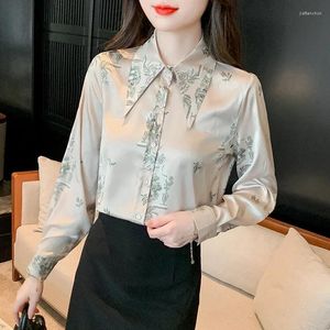 Blusas femininas cetim camisa vintage solta impressa roupas femininas primavera/verão mangas compridas moda estilo chinês topos