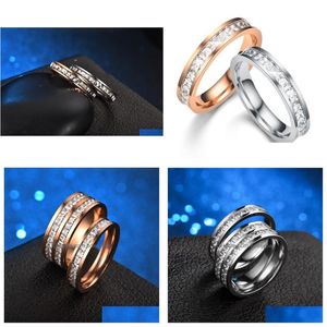 Anéis de cluster Anel de aço inoxidável Rose Gold Diamond Zircon Casal Bandas de Casamento Mulheres Homens Moda Will e Sandy Drop Ship Entrega Dhbxj