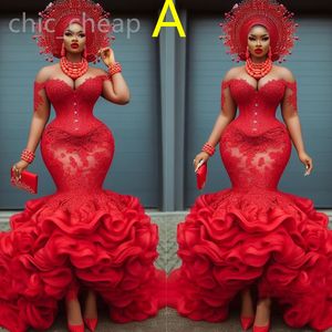 2024 aso ebi inligusion Red Mermaid Prom Dress Tiers Lace Vintage Sexy Evening Party Second Second Second Orvidation Dresses Robe de Soiree Zj101