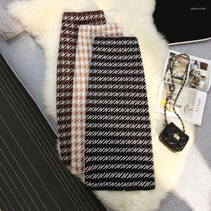 Röcke Plaid Herbst Winter Stricken Bleistift Rock frauen Hohe Taille Weibliche Knited Vorder Split Midiskirt Für Büro Damen A44