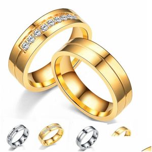 Bandringe Edelstahl Diamant Gold Zirkonia Groove Frauen Männer Ring Verlobung Hochzeit Modeschmuck Will und Sandy Drop Ship De Dhtqr