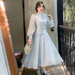 Casual Dresses Blue Chiffon A-Line Dress Spring Autumn Fashion Long Sleeve Bow Tie Collar Elegant French Style For Female