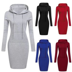 Autumn Solid Color Women Långärmning Pocket Bodycon Hooded Sweatshirt Hoodies Dress Long Sleeve Tunic Dress Top 240119