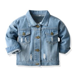 top e Autunno Inverno Bambini Casual Giubbotti di jeans Ragazzi Strappati Fori Cappotto Bambini Jeans Abbigliamento Tuta sportiva Costume 240125