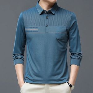 2023 Spring and Autumn Fashion Trend Stripe Polo Button Thin True Pocket Long Sleeve Wide Casual Mens Comfortable Tee Tops 240202