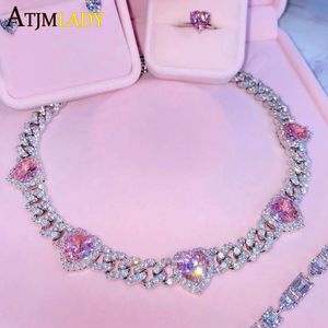 Iced Out Bling Cubic Zirconia 11mm Miami Cuban Link Chain Hearts Necklace Pink Heart CZ Charm Choker Jewelry Hiphop For Women 240201