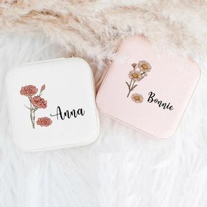 Bolsas de jóias personalizadas mês de nascimento flores caixa de jóias caso de viagem personalizado flor presente de aniversário para ela