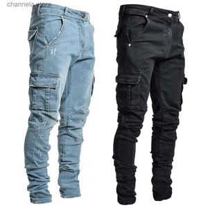 Herr jeans gata elastiska jeans män denim lastbyxor tvättar fast färg multi fickor avslappnad mitt midja byxor smala passform dagligen slitage joggar t240205