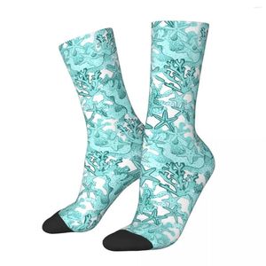 Мужские носки с забавными морскими звездами, акварели, коралловый риф, ретро, Харадзюку, уличный стиль, повседневные носки для экипажа, сумасшедшие носки, подарочный узор с принтом