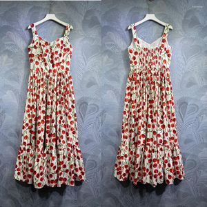 Casual Dresses Arrival Women Sexy Pure Cotton Cherry Printed Suspender Slim Fit Dress Elegant Lady V-neck A-line Female Prom Gown