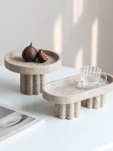 Luxuriöses Marmor-Serviertablett mit Beinen, dekorative Travertin-Schale für Couchtisch-Dekoration, Stein-Waschtischtablett für Parfümkerzen 240125
