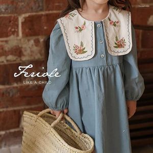 Girl Dresses 2024 Spring Girl's Fashion Embroidery Dress Baby Korean Style Long-sleeved Flower Clothing Kids Casual Toddler Party