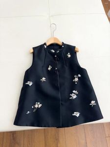 Kvinnors västar Top End Women Luxury Chinese Style Black Embroidered Jacka Vest Elegant Lady Stand Collar Pearl Buckle Sleeveless Coat