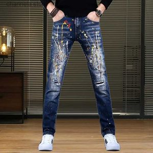 Jeans masculinos versão coreana dos homens de alta qualidade jeans de comprimento de tornozelo sexy rasgado magro jeansmess pintura impressão jeans elegante rua jeans;T240205