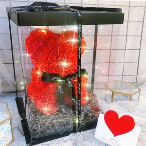 Confezione regalo Scatola di imballaggio trasparente Orso di rose Fiori artificiali San Valentino Decorazione di festival di nozze Decorazioni per la casa C