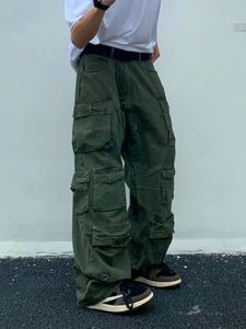 Frühling Cargo Hosen Reis Weiß Multi-taschen Overalls Harajuku bleibt Männer Lose Casual Hosen Gerade Wischen Hosen 240125