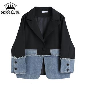 Streetwear Korean Fashion damskie patchwork dżinsowy płaszcz blezer sens designu workowate seniorskie topy czarne kurtki warstwy 240130