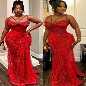 Aso Ebi 2024 Red Mermaid Prom Dress Spaghetti Crystals Sequined Lace Evening Formal Party Second Reception Birthday Engagement Gowns Dresses Robe De Soiree es