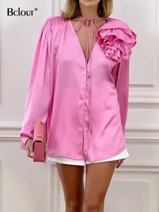 Women's Blouses Bclout Vintage Pink Floral Shirts Women 2024 Elegant V-Neck Lace-Up Satin Sexy Pleated Flowers Party Loose Tops