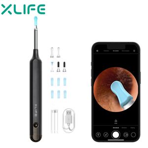 Xlife X1 - Strumento per la rimozione del cerume, detergente con fotocamera HD 1080P, kit 7 pezzi, otoscopio wireless 6 luci, per iPhone, iPad, smartphone Android Nero