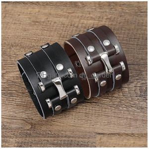Bangle Punk Wide Leather Cuff Mtilayer Wrap Button Adjustable Bracelet Wristand For Men Women Fashion Jewelry Black Drop Delivery Bra Dha3R