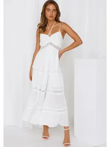 Vestidos casuais fitshinling boêmio branco vestido longo renda patchwork algodão pareo boho sexy espaguete cinta maxi robe férias mulheres
