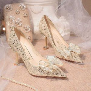 Dress Shoess Bow Knot Detachable Slim Heel High Heels Wedding Photo Crystal Show He Two Wearing Shoes for Women