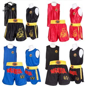 Pantaloncini da boxe e gilet Set Muay Thai Pantaloncini MMA T Shirt Uomo Donna Bambini Training Sanda BJJ Jiujitsu Arti marziali Kickboxing Wear 240119