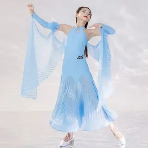 Stage Wear Girls Blue Ballroom Dancing Dresses Off-Shoulder Bodysuit Skirt Feather Gloves Waltz Tango Competition Costume VDB7855