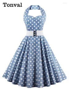 Casual Dresses Tonval Halter Neck Vintage 50s Polka Dot Belted Evening Gowns For Women Backless Elegant Party Birthday Dress