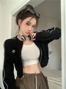 Deeptown Korean Zip Hoodie Y2k Women American Retro Kpop Fashion Streetwear Black Crop Sweatshirt Autumn Zipper Jacket 240202