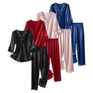 Женская одежда для сна, тонкие шелковые пижамы с рукавами семь четвертей с флисом для женщин, женские пижамные штаны, короткая длина, Mania