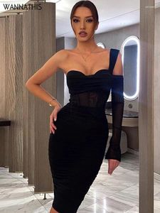 Casual Dresses Wannathis One Shoulder Dress Women Black Mesh Ruched Prom Party Nightclub Corset Bodycon Sexig Fashion Streetwear Clothing